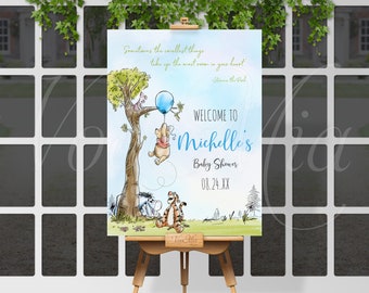 Winnie The Pooh Welcome Sign, Blue Balloon Baby Shower Poster, Editable Sign Template