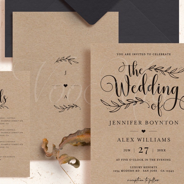 Kraft Hochzeitseinladung, Rustikale Invite Template Set, Printable