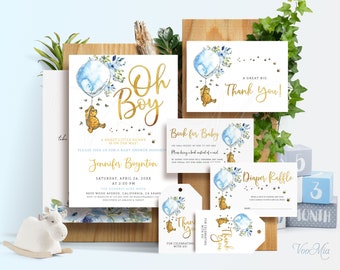 Invitaciones clásicas para baby shower de Winnie the Pooh, decoraciones para fiestas de niños, regalos, plantillas editables, descarga instantánea BS019