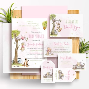 Invitations baby shower Winnie l&#39;ourson Décorations de fête pour fille Cadeaux Téléchargement instantané Modèle modifiable BS007