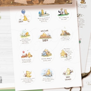 24 Winnie The Pooh Cupcake Toppers, Editable Circle Tag Sticker, Baby Shower Cookie Food Favor Label, Printable