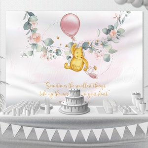 Winnie The Pooh Baby Shower Backdrop Greenery Birthday Pink Balloon Nursery Wall Hanging Banner Poster Printable Template