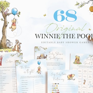 Juegos para baby shower de Winnie the Pooh, tarjetas de juego editables e imprimibles, plantilla para fiesta de niño con Winnie the Pooh azul