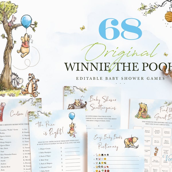 Winnie the Pooh Babypartyspiele, bearbeitbare druckbare Spielkarten, Blue Pooh Boy Party Vorlage
