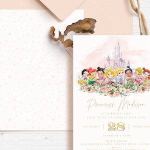 Invito di compleanno principessa, modello modificabile di invito a una festa con vegetazione rosa, stampabile