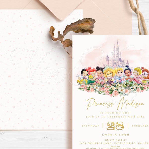 Princess Birthday Invitation, Editable Pink Greenery Party Invite Template, Printable