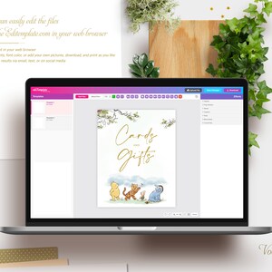 K&ouml;nnte beinhalten: Ein Computerbildschirm zeigt eine digitale Vorlage f&uuml;r ein Babyparty-Schild im Winnie-Puuh-Stil. Das Schild hat einen Aquarellhintergrund mit einem Blumendesign und den Text "Karten und Geschenke" in goldener Schrift. Die Figuren Winnie Puuh, Ferkel, Tiger und Esel sind unten im Design dargestellt.