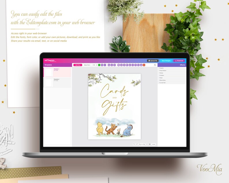 K&ouml;nnte beinhalten: Ein Computerbildschirm zeigt eine digitale Vorlage f&uuml;r ein Babyparty-Schild im Winnie-Puuh-Stil. Das Schild hat einen Aquarellhintergrund mit einem Blumendesign und den Text "Karten und Geschenke" in goldener Schrift. Die Figuren Winnie Puuh, Ferkel, Tiger und Esel sind unten im Design dargestellt.
