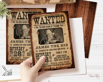 Wanted Poster Invitation Template with Photo, Cowboy Birthday Invite, Wild Western Party