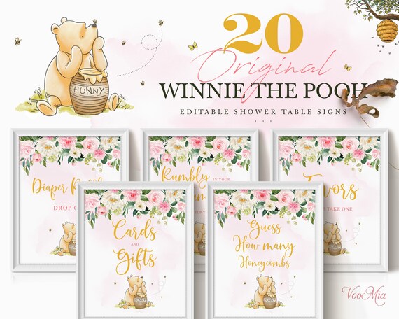 Diaper Raffle Drop Off, Classic Winnie The Pooh Table Sign, Editable Party Sign Decorations, Printable, WA89
