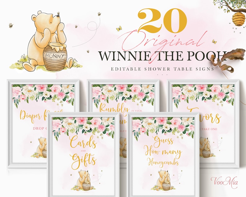 Puede incluir: Un conjunto de 20 carteles de mesa de baby shower de Winnie the Pooh imprimibles con un dise&ntilde;o floral rosa y blanco con un tarro de miel y el personaje de Winnie the Pooh. Los carteles incluyen texto como "Rifa de pa&ntilde;ales", "Rumbly in My Tummy", "Tarjetas y regalos", "Adivina cu&aacute;ntos panales", y "Favores".