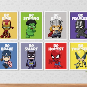 Superhero Wall Art Print, Superheroes Nursery Decor, Kids Bedroom Poster Sign Full Set