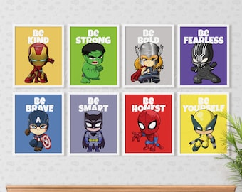 Superhero Wall Art Print, Superheroes Nursery Decor, Kids Bedroom Poster Sign Full Set