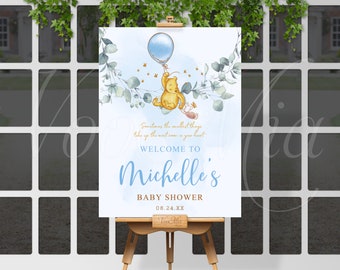 Classic Winnie The Pooh Baby Shower Sign, Greenery Blue Balloon Welcome Poster Editable Template