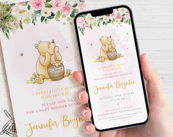 Classic Winnie The Pooh Evite Invitation, Electronic Baby Shower Invite, Digital Mobile Invitations, Editable Smartphone Template