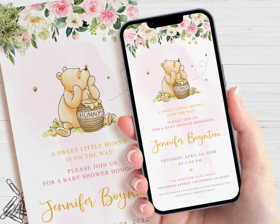Classic Winnie The Pooh Evite Invitation, Electronic Baby Shower Invite, Digital Mobile Invitations, Editable Smartphone Template