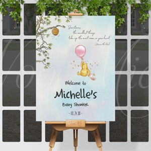 Classic Winnie The Pooh Welcome Sign, Pink Balloon Baby Shower Poster Editable Template