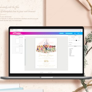 May include: A printable invitation template featuring a digital illustration of Disney princesses in front of a pink castle. The text on the invitation reads "Princess Madison" and "You're invited to celebrate her 28th birthday".