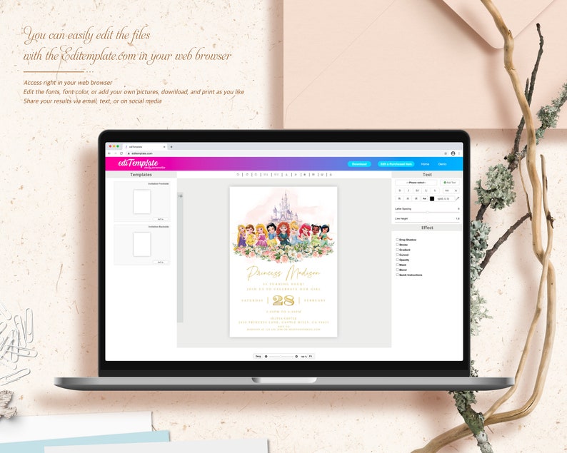 May include: A printable invitation template featuring a digital illustration of Disney princesses in front of a pink castle. The text on the invitation reads "Princess Madison" and "You're invited to celebrate her 28th birthday".