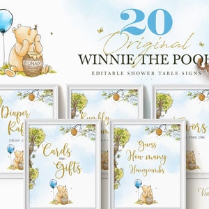 Puede incluir: Un conjunto de 20 carteles de mesa de baby shower de Winnie the Pooh imprimibles. Los carteles presentan a Winnie the Pooh y panales con texto como "Rifa de pañales", "Tarjetas y regalos", "Adivina cuántos panales" y "Favores".