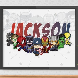 Superhero Nursery Name Sign, Superheroes Baby Name Print, Editable Nursery Wall Art Decor, Personalized