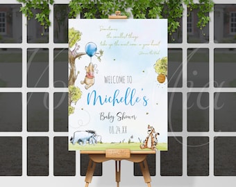 Winnie The Pooh Baby Shower Welcome Sign, Classic Blue Balloon Poster Editable Template