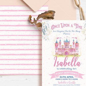 Princess Birthday Invitation Template, Editable Gold Pink Party Invite, Printable