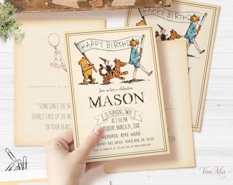 Classic Winnie The Pooh Birthday Invitation Template, Editable Party Invite