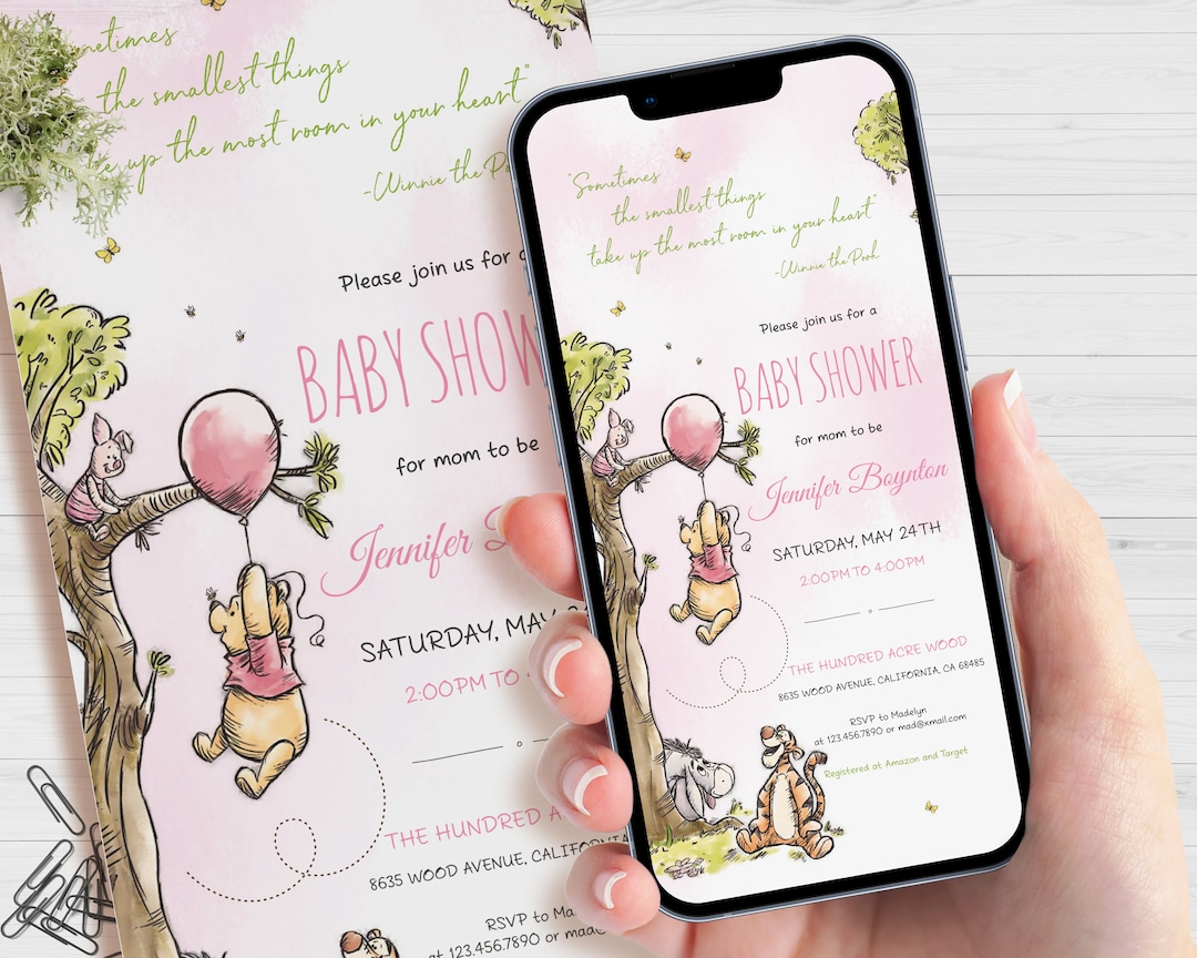 Winnie the Pooh Evite Invitation, Electronic Girl Baby Shower Invite