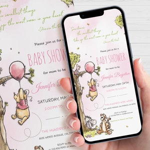 Winnie The Pooh Evite Invitation, Electronic Girl Baby Shower Invite, Digital Mobile Invitations, Editable Smartphone Template