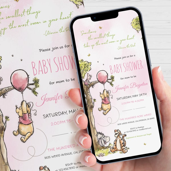 Winnie The Pooh Evite Invitation, Electronic Girl Baby Shower Invite, Digital Mobile Invitations, Editable Smartphone Template