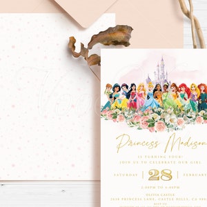 All Princess Invitation, Gold Pink Birthday Party Invite, Editable Printable Template, Instant Download
