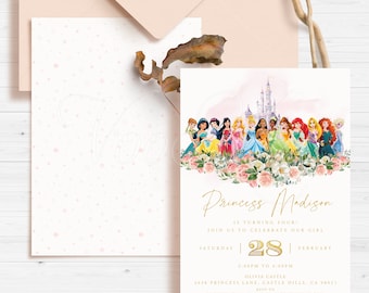All Princess Invitation, Gold Pink Birthday Party Invite, Editable Printable Template, Instant Download