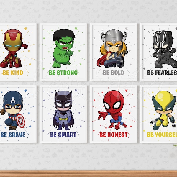 Superhero Wall Art Prints Superheroes Nursery Decor Kids Bedroom Print Wall Poster Sign Decoration