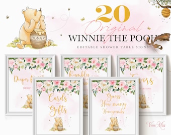 Könnte beinhalten: Ein Set mit 20 druckbaren Winnie Puuh Babyparty-Tischschildern mit einem rosa-weißen Blumendesign, einem Honigtopf und der Winnie Puuh-Figur. Die Schilder enthalten Text wie "Windel-Tombola", "Rumbly in My Tummy", "Karten und Geschenke", "Erraten Sie, wie viele Honigwaben", und "Geschenke".