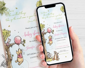 Nalle Puh-inbjudan, redigerbar babyshowerinbjudan, digital mobil smartphone-mall