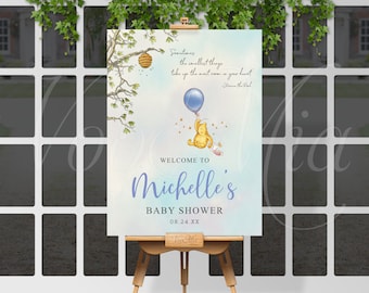 Classic Winnie The Pooh Welcome Sign, Blue Balloon Baby Shower Poster Editable Template