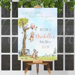 Winnie The Pooh Welcome Sign, Red Balloon Baby Shower Poster, Editable Sign Template