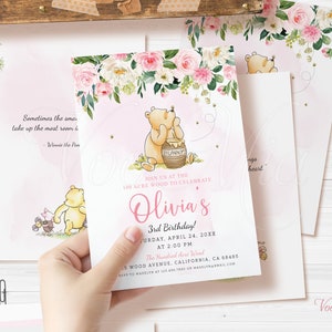 Invitaciones CLÁSICAS de Winnie The Pooh, invitación a fiesta de cumpleaños de niña, plantilla imprimible editable, digital