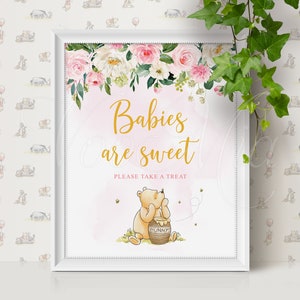 Puede incluir: Un cartel de baby shower rosa y blanco con flores y una ilustraci&oacute;n de Winnie the Pooh. El cartel dice "Los beb&eacute;s son dulces" y "Por favor, toma un dulce".