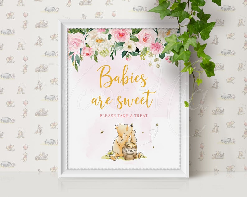 Puede incluir: Un cartel de baby shower rosa y blanco con flores y una ilustraci&oacute;n de Winnie the Pooh. El cartel dice "Los beb&eacute;s son dulces" y "Por favor, toma un dulce".
