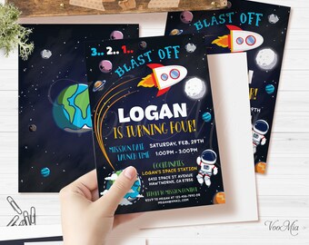 May include: A blue and black space-themed birthday invitation with a rocket ship, planets, and stars. The invitation says "3.. 2.. 1.. Blast Off! Logan is turning four!" with the date and time of the party.