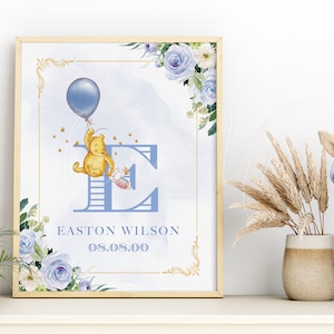 Impresión clásica de Winnie the Pooh para guardería, plantilla de arte de pared para dormitorio de niño, nuevo regalo de bautizo para bebés, decoración inicial editable