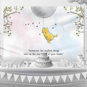 CLASSIC - Winnie The Pooh Baby Shower Backdrop, Birthday Gray Balloon Nursery Wall Hanging, Gender Neutral Banner, Printable Template