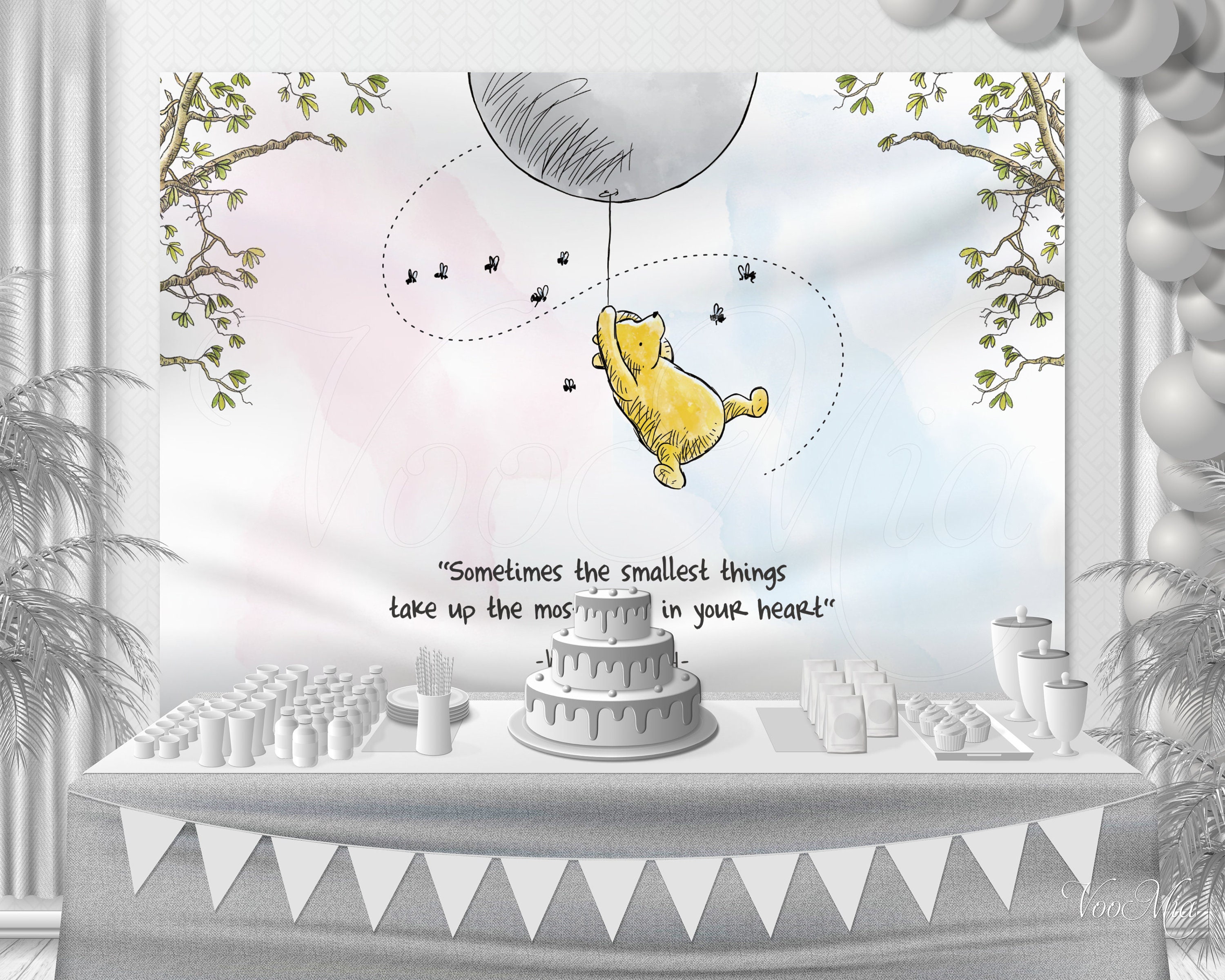 CLASSIC Winnie The Pooh Baby Shower Backdrop Birthday Gray Balloon Nursery Wall Hanging Gender Neutral Banner Printable