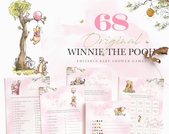 Winnie the Pooh Baby Shower Games, Editable Printable Game Cards, Pink Pooh Girl Party Template
