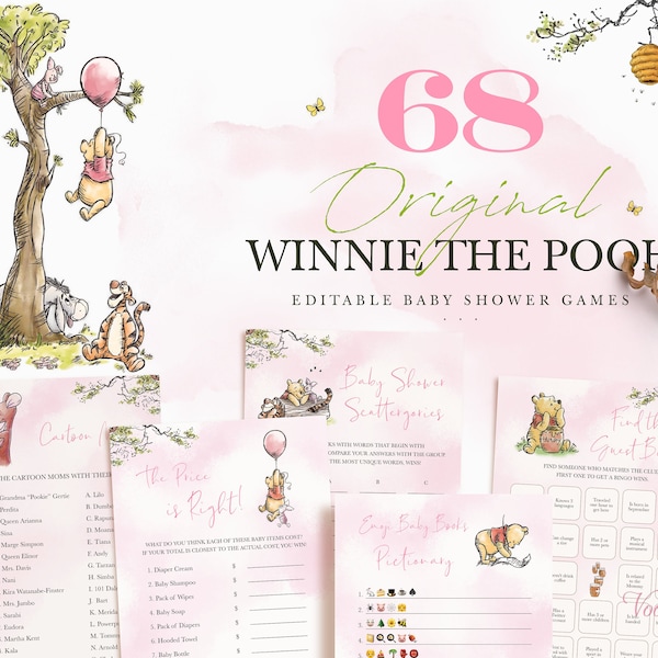 Winnie the Pooh Baby Shower Games, Editable Printable Game Cards, Pink Pooh Girl Party Template
