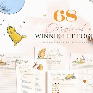 Klassieke Winnie de Poeh Baby Shower Games Bewerkbare afdrukbare spelkaarten Pooh Bear Party-sjabloon