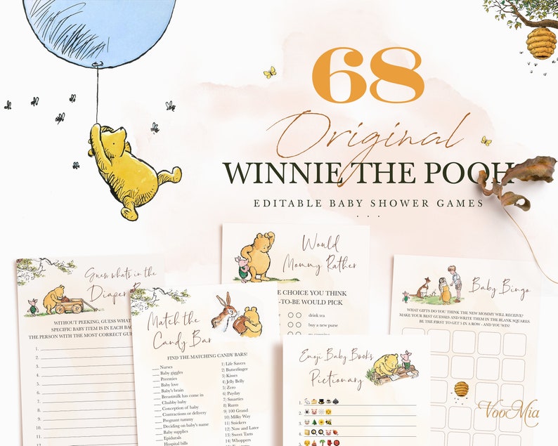 May include: A set of 68 printable Winnie the Pooh baby shower games. The games include "Guess What's in the Diaper Bag", "Match the Candy Bar", "World Mommy Rather", "Emoji Baby Books Pictionary", and "Baby Bingo".