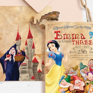 Convite Branca de Neve, Convite para Festa de Aniversário de Princesa, Modelo Editável, Sete Anões, Download para Imprimir